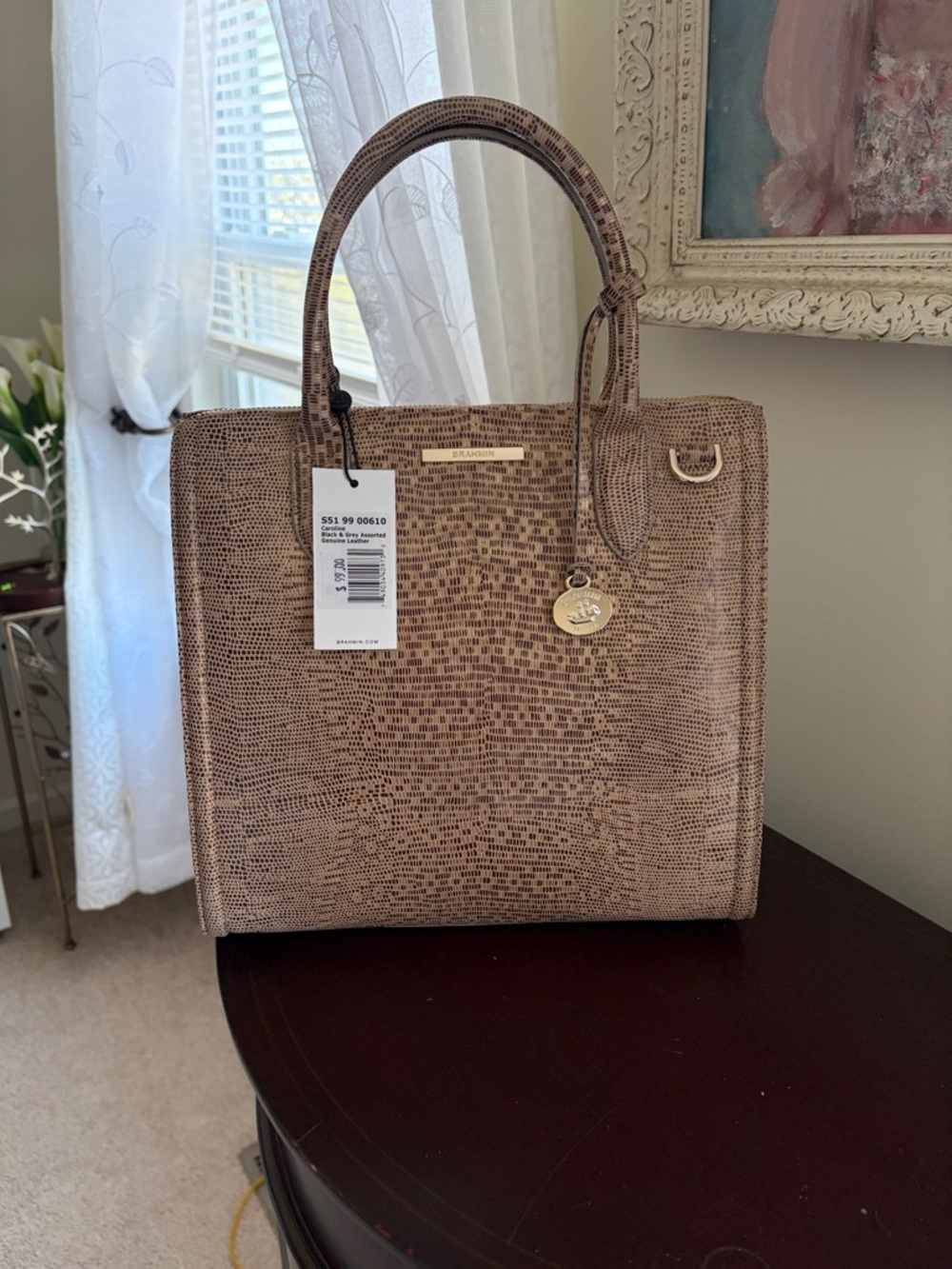 Brahmin Taupe Lizard-Embossed Satchel with Gold Hardware